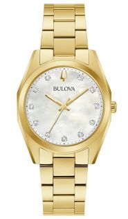 Elegant naistekäekell Bulovalt pärlmutterkella ja 11 teemantiga kullatooniga terases - Surveyor Collection | 97P172