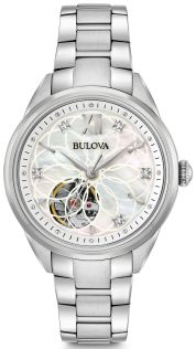 Bulova Classic automaatne naistekäekell pärlmutter sihverplaadi, ehtsate teemantide ja nähtava mehhanismiga | 96P181