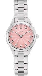 Elegant naistekäekell Bulova roosa sihverplaadi ja 11 teemantiga roostevabast terasest - Sutton Collection | 96P249