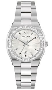 Elegant naistekäekell Bulova'lt pärlmutterkellaplaadi ja teemantidega kaunistatud roostevabast terasest bezeliga - Surveyor Collection | 96R245