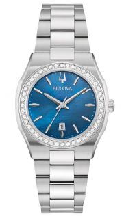 Elegant naiste käekell Bulova sinise pärlmutter sihverplaadi ja teemantidega kaunistatud roostevabast terasest bezeliga - Surveyor Collection | 96R246