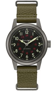 Bulova Hack Watch automaatne militaarne kell 24-tunnise kuvaga ja rohelise nahkrihmaga | 98A255