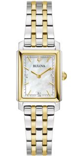 Elegant ristkülikukujuline naistekäekell Bulovalt pärlmutterkella ja teemantidega kahevärvilises terases - Sutton Collection | 98P220