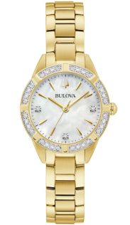 Elegant naistekäekell Bulovalt pärlmutterkella ja 19 teemantiga kullatooniga terases - Sutton Collection | 98R297