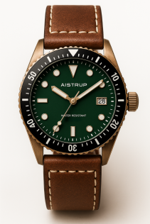 Aistrup AIW8503 Brass Classic Sapphire meeste käekell rohelise sihverplaadi ja nahkrihmaga | AIW8503