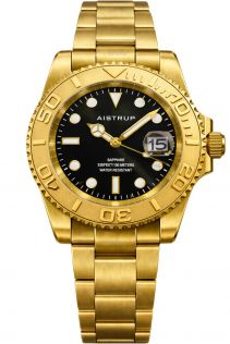 Aistrup luksuslik meeste käekell musta sihverplaadiga, kullatooniga pöörlev raam ja kullatooniga terasrihm | AIW8803