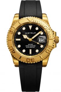 Aistrup sportlik meeste käekell musta sihverplaadiga, kuldtooniga pööratava raamiga ja musta kummirihmaga | AIW8804