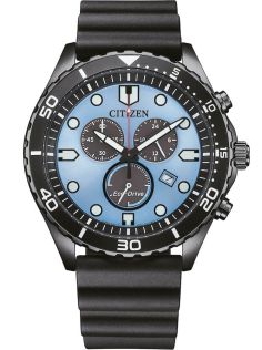 Citizen Eco-Drive kronograaf mustast terasest H500 mehhanismiga ja sinise sihverplaadiga | AT2567-18L