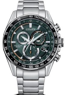 Citizen Eco-Drive raadiojuhitav meeste käekell rohelise sihverplaadiga | Kroonograaf ja tahhümeeter | CB5914-89X