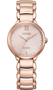 Citizen Eco-Drive naistekäekell roosa kullaga, teemant, rooma numbrid ja safiirkristall | EM0922-81X