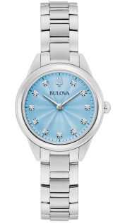 Elegant naistekäekell Bulova'lt helesinise sihverplaadi ja 11 teemantiga roostevabast terasest - Sutton Collection | 96P250