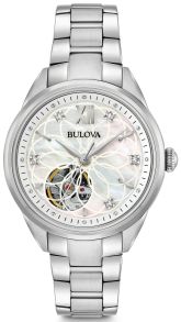 Bulova Classic automaatne naistekäekell pärlmutter sihverplaadi, ehtsate teemantide ja nähtava mehhanismiga | 96P181