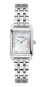 Elegant ristkülikukujuline naistekäekell Bulovalt pärlmutterkella ja teemantidega terases - Sutton Collection | 96P244