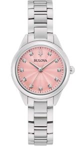 Elegant naistekäekell Bulova roosa sihverplaadi ja 11 teemantiga roostevabast terasest - Sutton Collection | 96P249