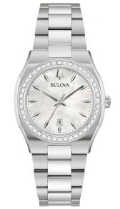 Elegant naistekäekell Bulova'lt pärlmutterkellaplaadi ja teemantidega kaunistatud roostevabast terasest bezeliga - Surveyor Collection | 96R245