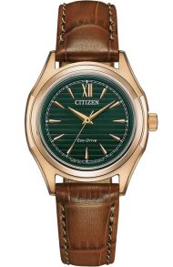 Citizen Eco-Drive naiste käekell rohelise sihverplaadi ja nahkrihmaga | FE2113-16X