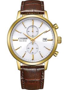 Citizen Eco-drive kronograaf kuldse kattega | Klassikaline meeste käekell valge sihverplaadi ja pruuni nahkrihmaga | CA7062-15A