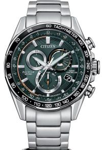Citizen Eco-Drive raadiojuhitav meeste käekell rohelise sihverplaadiga | Kroonograaf ja tahhümeeter | CB5914-89X
