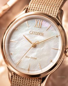 Citizen Eco-Drive naistekäekell pärlmutterist sihverplaadi ja võrgust rihmaga | EM0813-86Y