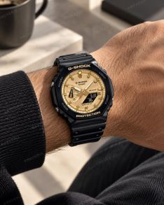 Casio Mens Dual Display Black Resin Golden Dial 45mm