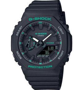 Must süsinikust kompaktne G-SHOCK kaheksanurkse disainiga ja roheliste aktsentidega | GMA-S2100GA-1AER