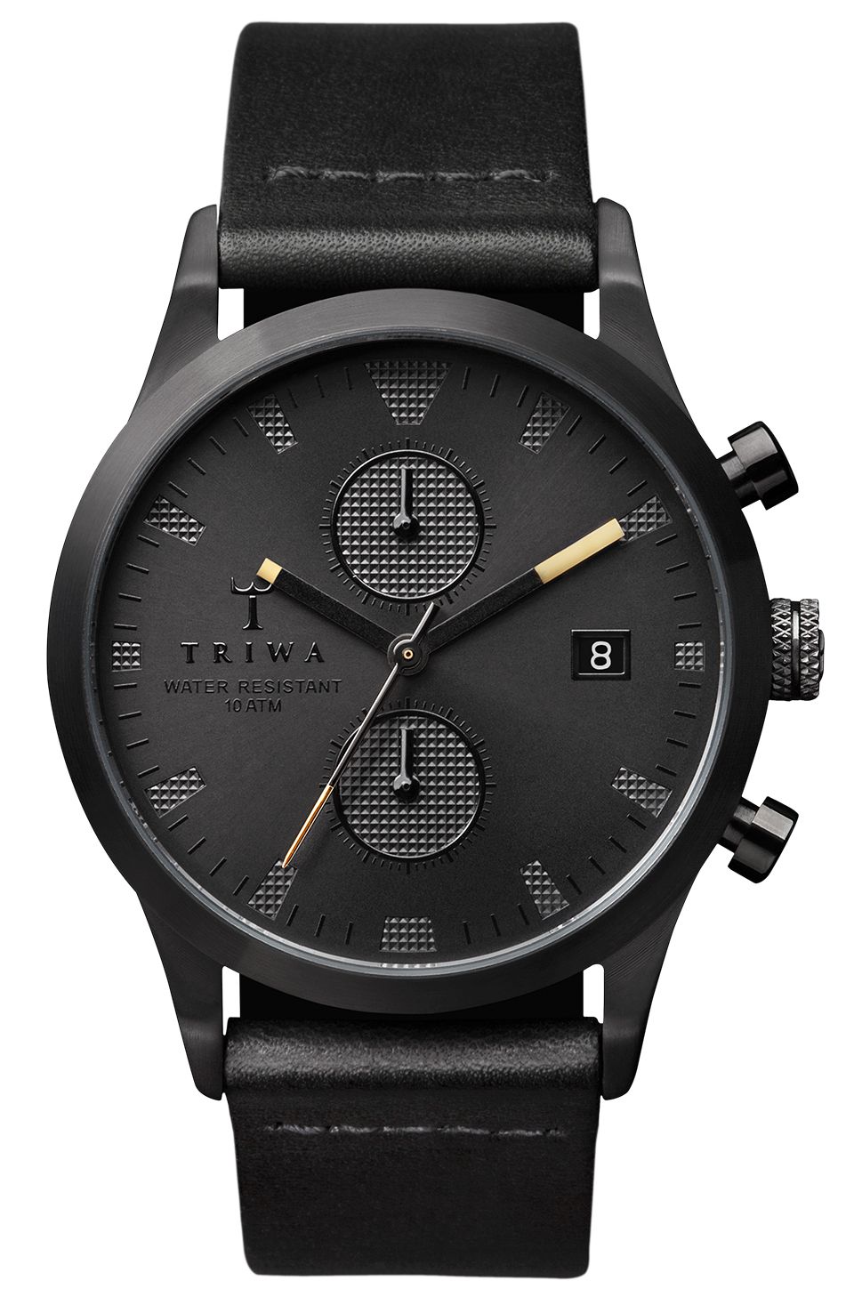 Triwa Sort of Black Chrono Kaekell musta numbrilaua ja musta nahkrihmaga