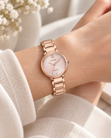 Citizen Eco-Drive naistekäekell roosa kullaga, teemant, rooma numbrid ja safiirkristall | EM0922-81X