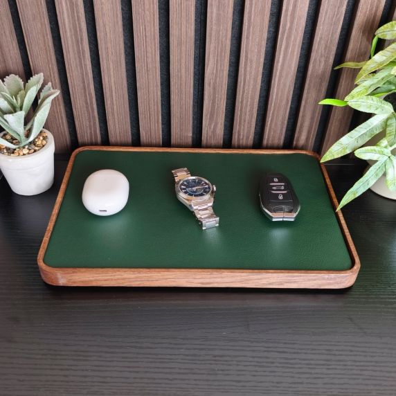 Morelund Tray in Dark Wood/Green Leather MO6103